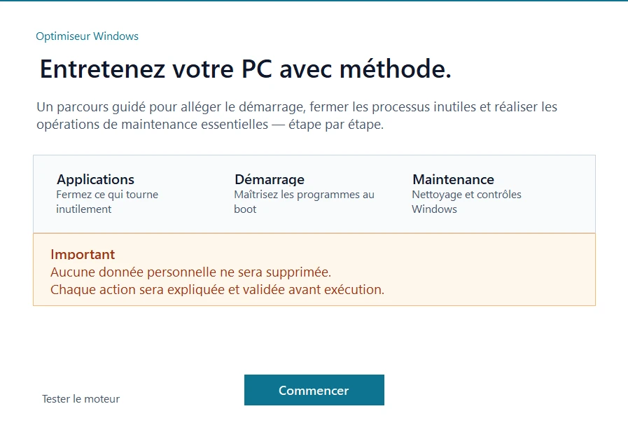 Écran d’accueil Optimiseur Windows, parcours guidé